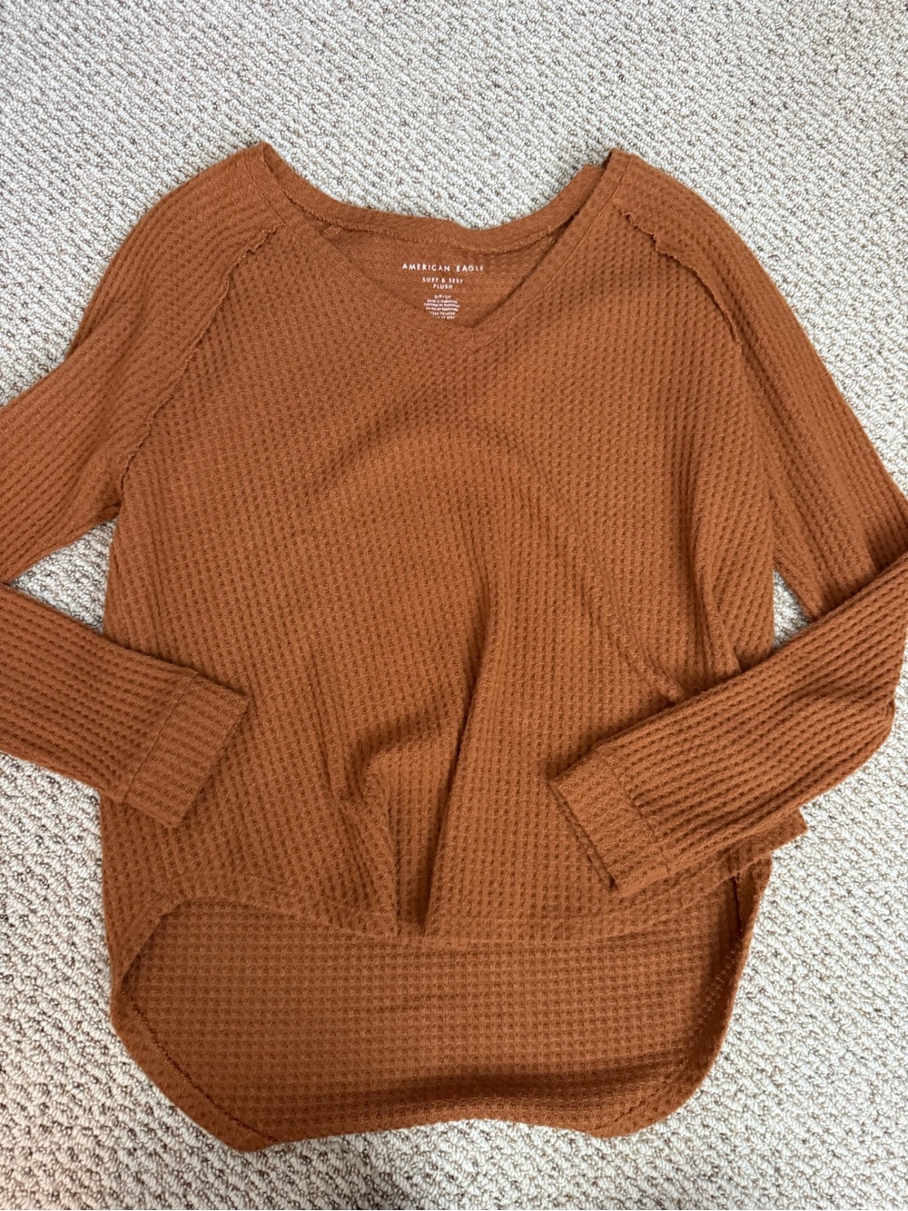 American Eagle Outfitters Waffle Knit Long Sleeve Top in Rust